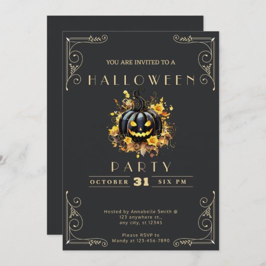 Schwarz-Gold-Schwarz-Kürbis-Halloween Einladung (Vorne/Hinten)