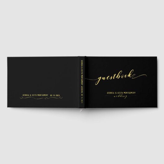 Schwarz-Gold-Script-Elegante Hochzeit 2 Gästebuch (Voll)
