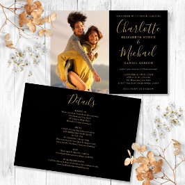 Schwarz-Gold-Script-Foto-Hochzeit Einladung