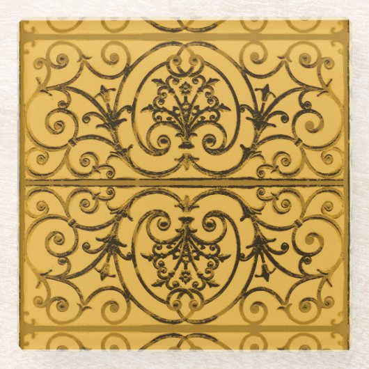 Schwarz-Gold-Scrollwork-Muster Glasuntersetzer (Vorderseite)