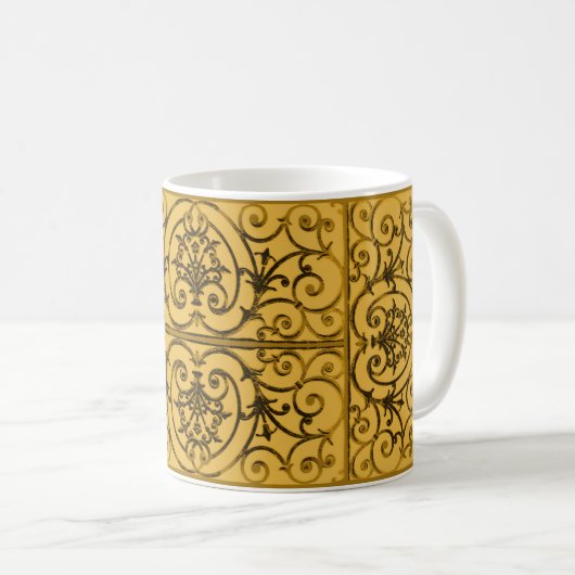 Schwarz-Gold-Scrollwork-Muster Kaffeetasse (VorderseiteRechts)