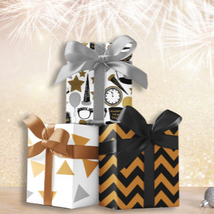 Schwarz-Gold-Set im Neujahr: 3 Geschenkpapier Set