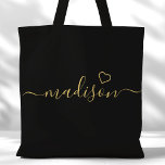 Schwarz-Gold-Signatur-Script-Bridesmaid-Geschenk Tasche<br><div class="desc">Schwarz und Gold Unterschrift Script Bridesmaid Geschenk Tote Tasche. Personalisieren Sie dieses individuelle Design mit Ihrem eigenen Namen und Ihren eigenen Farben.</div>