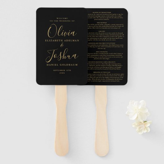 Schwarz-Gold-Signatur-Skript für jüdische Hochzeit Fächer (Vorne und Hinten)