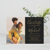 Schwarz-Gold-Signature-Script-Fotos Hochzeit Einladung (Stehend Vorderseite)
