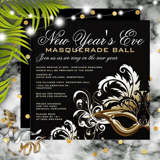 Schwarz/Gold Silvester Maskenball Einladung