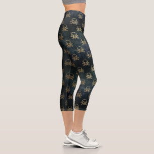 Schwarz-Gold-Skull & Crossbones-Muster Capri Leggings