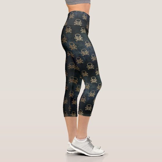 Schwarz-Gold-Skull & Crossbones-Muster Capri Leggings (Rechts)