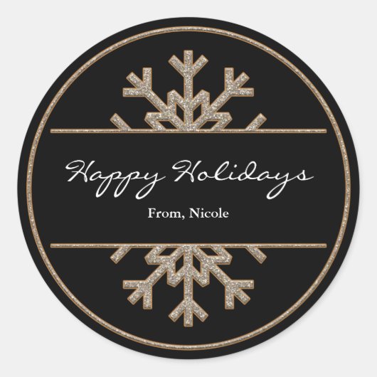 Schwarz-Gold-Sparkone-Snowflake-Holiday-Sticker Runder Aufkleber (Vorderseite)