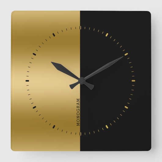 Schwarz-Gold-Splitscreen-Monogramm Quadratische Wanduhr (Vorderseite)