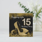 Schwarz-Gold-Stepping in 15 Quinceanera Einladung (Stehend Vorderseite)