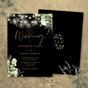 Schwarz-Gold-String-Lichter Blumenzehen Einladung