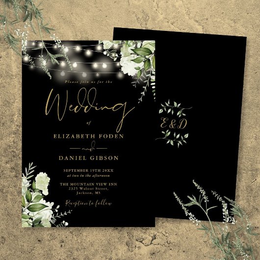 Schwarz-Gold-String-Lichter Blumenzehen Einladung