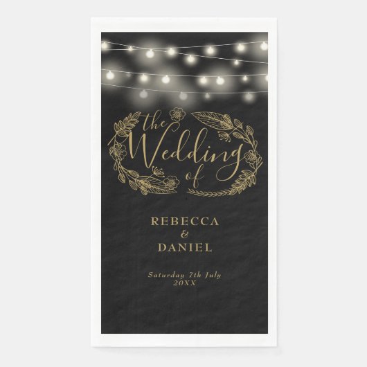 Schwarz-Gold-String-Lichter Blumenzehen Serviette (Vorderseite)