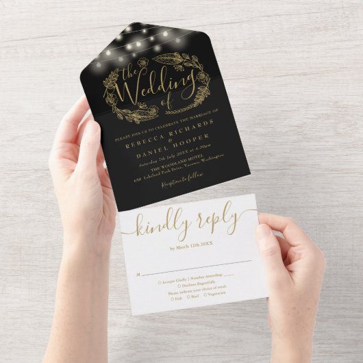Schwarz-Gold-String-Lights-Hochzeit All In One Einladung (Abreißen)