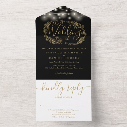 Schwarz-Gold-String-Lights-Hochzeit All In One Einladung (Innen Boden)