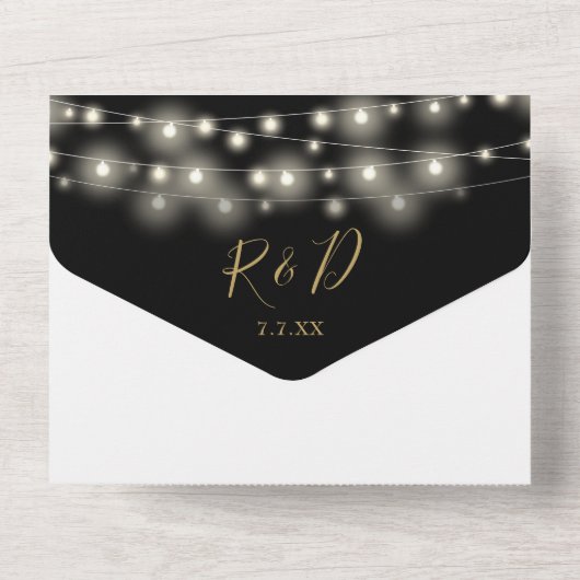 Schwarz-Gold-String-Lights-Hochzeit All In One Einladung (Rückseite)