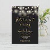 Schwarz-Gold-String-Lights-Rente-Party Einladung (Stehend Vorderseite)