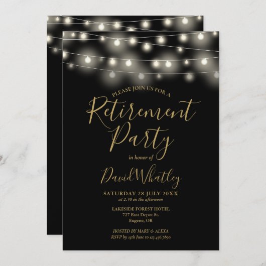 Schwarz-Gold-String-Lights-Rente-Party Einladung (Vorne/Hinten)