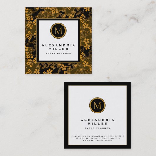 Schwarz-Gold-Tapisserie | Medallion Monogramm Quadratische Visitenkarte (Vorne/Hinten)