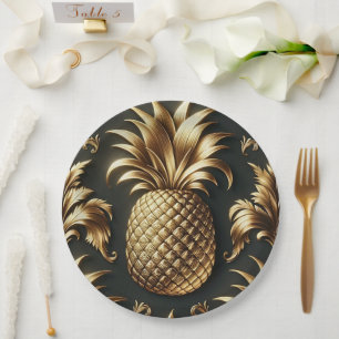 Schwarz & Gold Tropisches Ananas Luxuriöse Hochzei Pappteller
