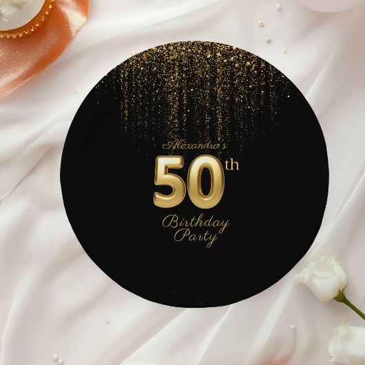 Schwarz-Gold-Typografie 50. Geburtstag Pappteller