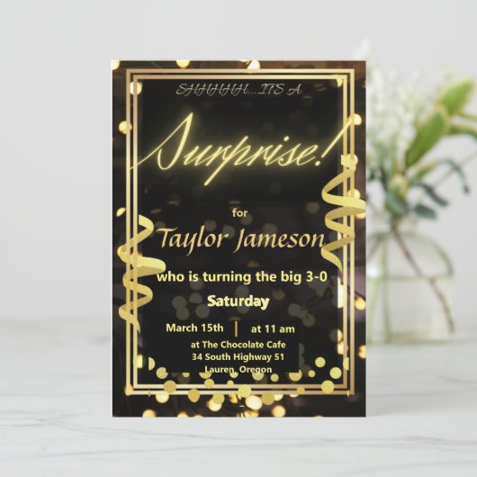 Schwarz-Gold-Überraschung Einladung QR-uAwg (Stehend Vorderseite)