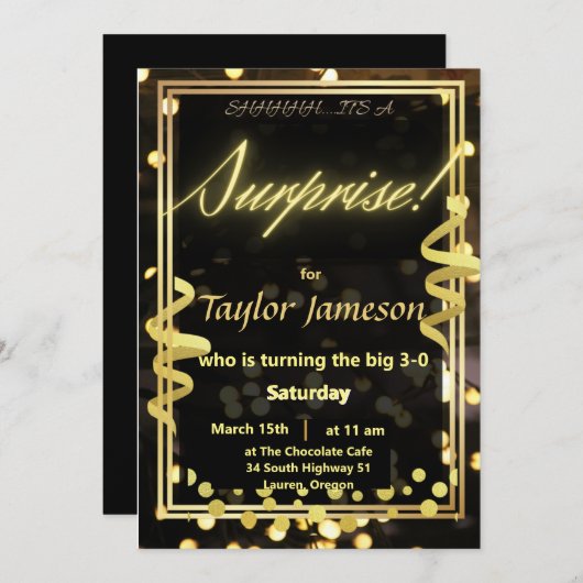 Schwarz-Gold-Überraschung Einladung QR-uAwg (Vorne/Hinten)