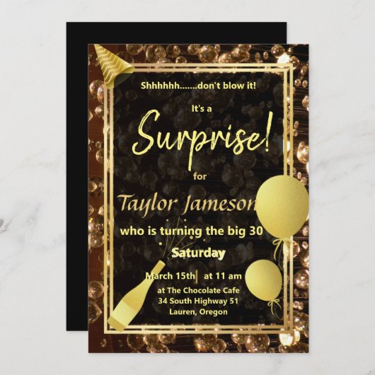 Schwarz-Gold-Überraschung mit Ballons QR-uAwg Einladung (Vorne/Hinten)
