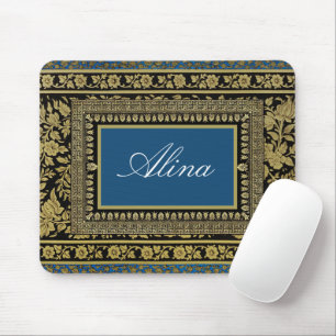 Schwarz, Gold und blaues Blumenmuster bestellbar Mousepad