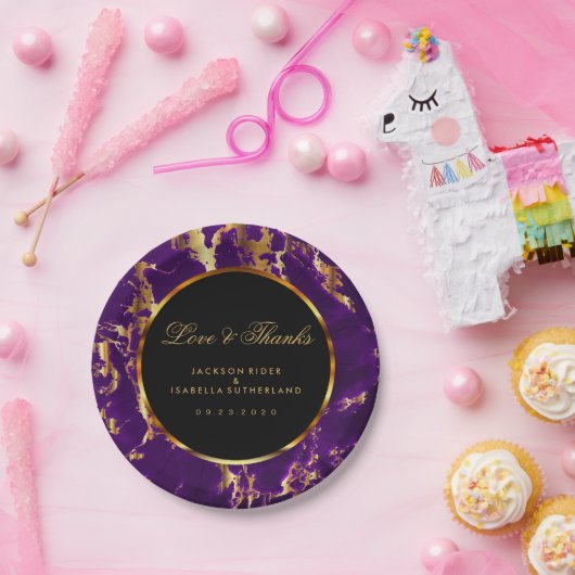 Schwarz, Gold und Lila Marmor Pappteller (Party)