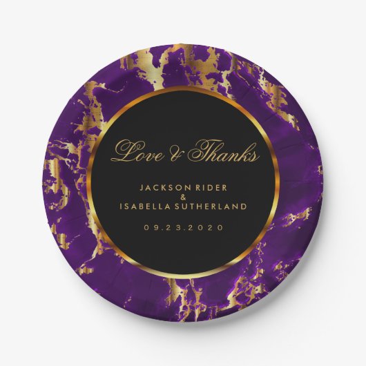 Schwarz, Gold und Lila Marmor Pappteller (Vorderseite)