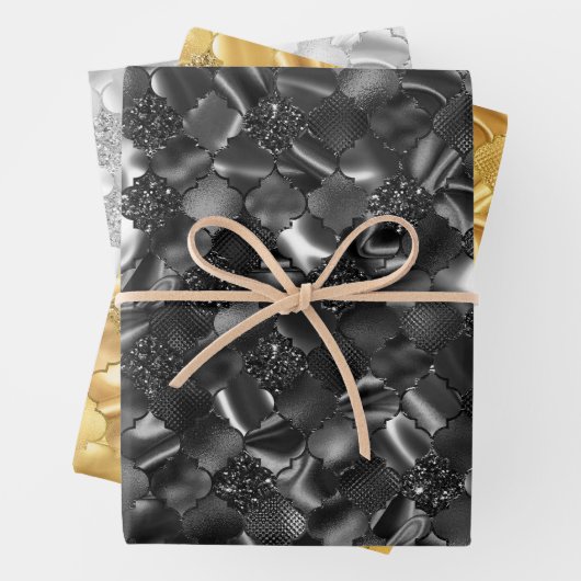 Schwarz, Gold und Silber, marokkanischer Quatrefol Geschenkpapier Set (Beispiel)