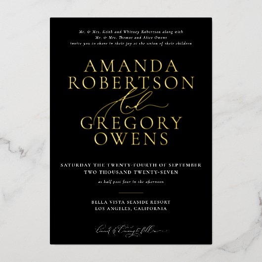 Schwarz & Gold und Skript Elegante Hochzeit Einlad Folieneinladung (Vorderseite)