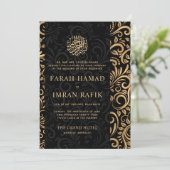 Schwarz-Gold-Verziertes Muster muslimischer Hochze Einladung (Stehend Vorderseite)