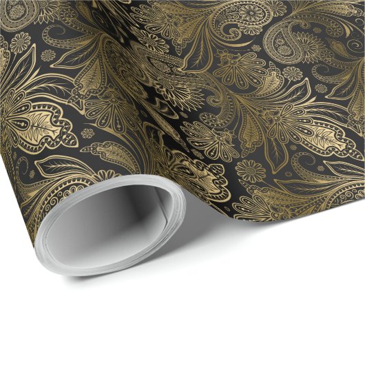 Schwarz/Gold Vintage Indien Ham Paisley Geschenkpapier (Rolleneckpunkt)