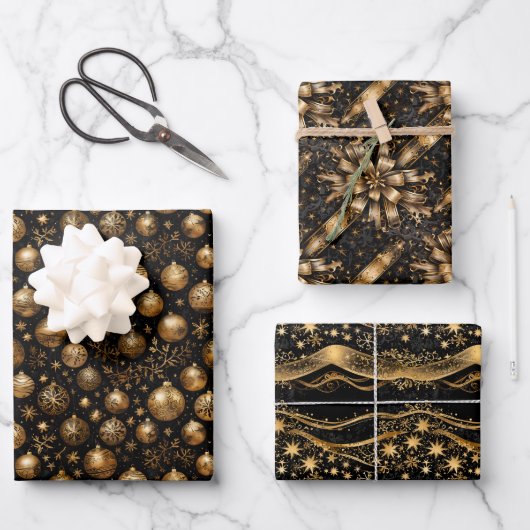 Schwarz & Gold Weihnachtsgeschmack Geschenkpapier Set (Vorderseite)