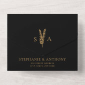 Schwarz-Gold-Wild-Blume Minimale Hochzeit All In One Einladung (Rückseite)