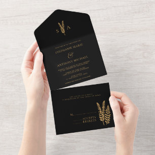 Schwarz-Gold-Wild-Blume Minimale Hochzeit All In One Einladung