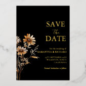 Schwarz-Gold-Wildblume Hochzeit speichern Sie das  Folieneinladung (Vorderseite)