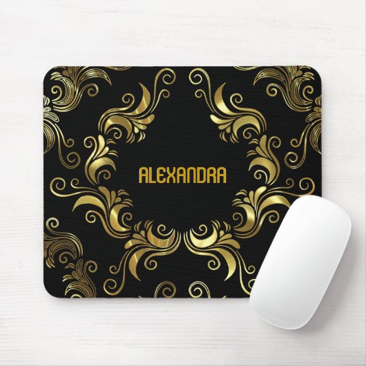 Schwarz-Gold-Wirbel - kundenspezifisches Monogramm Mousepad (Mit Mouse)