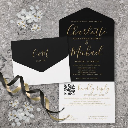 Schwarz-Gold-Zeitschrift QR Code Hochzeit All In One Einladung