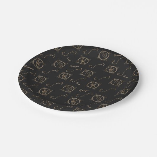 Schwarz & Gold Zodiac Scorpio Sternzeichen Pappteller (Schrägansicht)