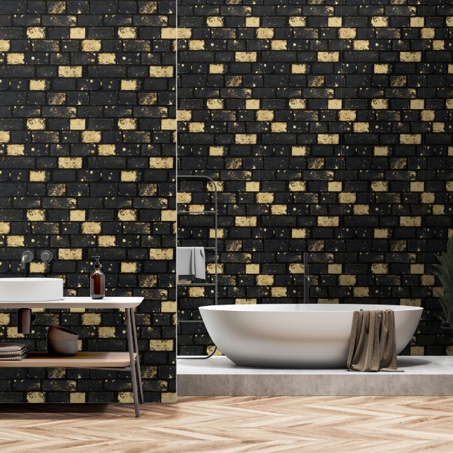 Schwarz-Golden-Brock-Muster Tapete (Badezimmer)