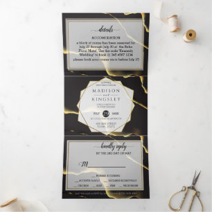 Schwarz & Golden 💍 Modernes, Abstraktes, raues Öl Dreifach Gefaltete Einladung