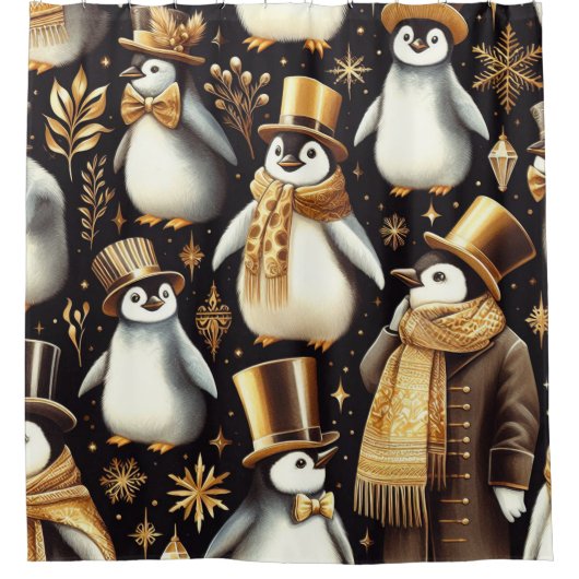 Schwarz-Golden-Pinguin Duschvorhang (Vorderseite)