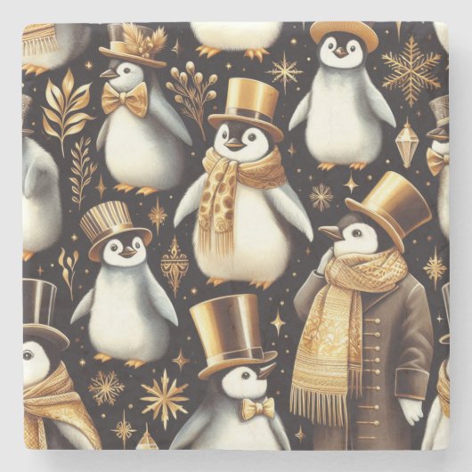 Schwarz-Golden-Pinguin Steinuntersetzer (Vorderseite)