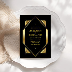Schwarz-goldene Art Deco Goldene Hochzeit Foto Einladung