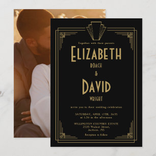 Schwarz-goldene Art Deco-Hochzeit im Stil der 1920 Einladung