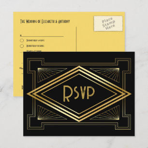 Schwarz-goldene Art Deco-Hochzeit RSVP QR-Code Postkarte